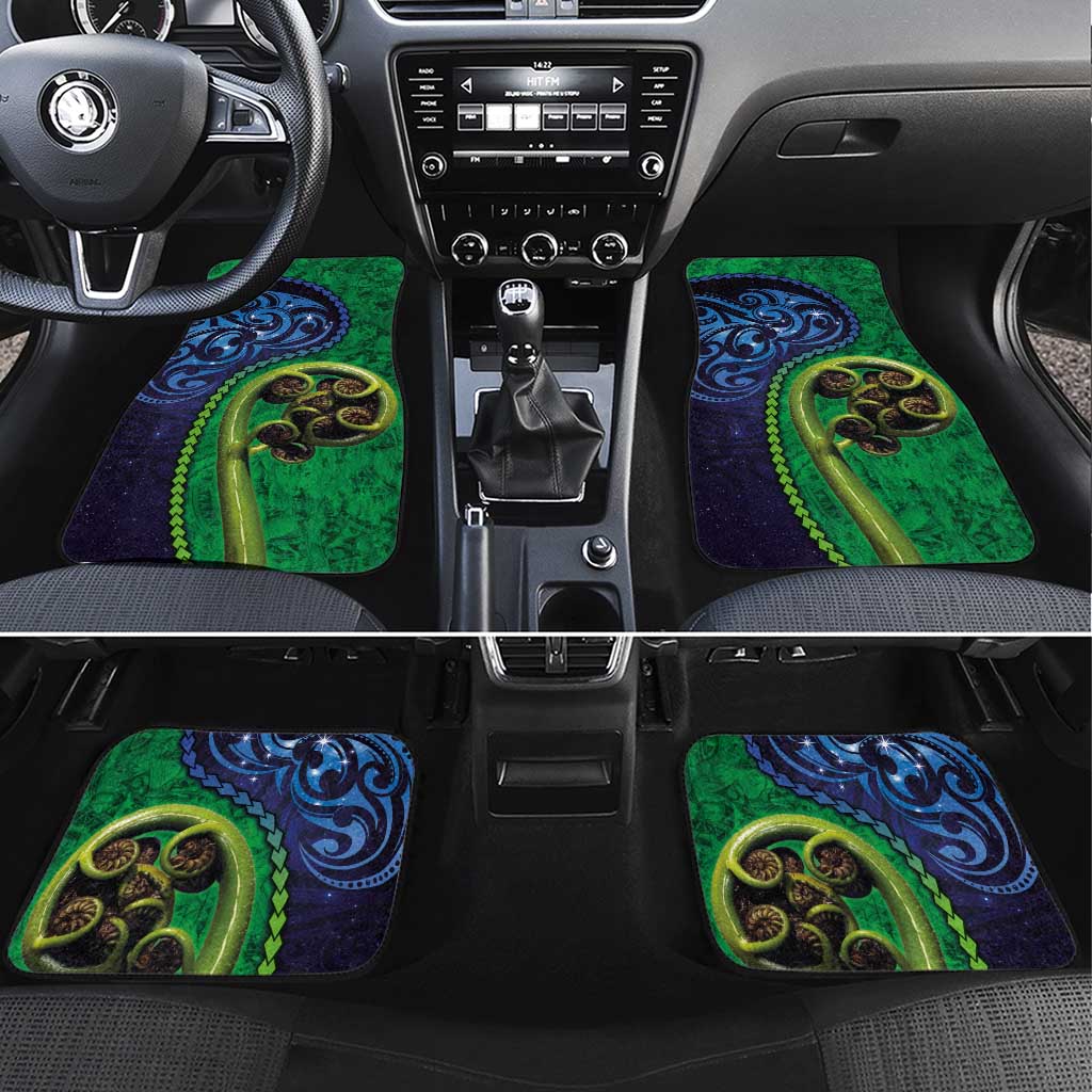 New Zealand Matariki Fern Frond Koru Car Mats with Galaxy Blue Sky and Green Paua Shell Art