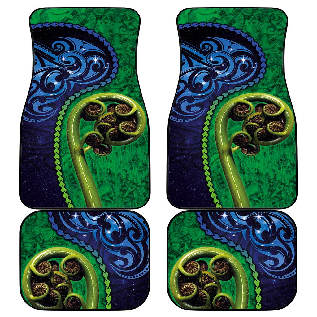 New Zealand Matariki Fern Frond Koru Car Mats with Galaxy Blue Sky and Green Paua Shell Art
