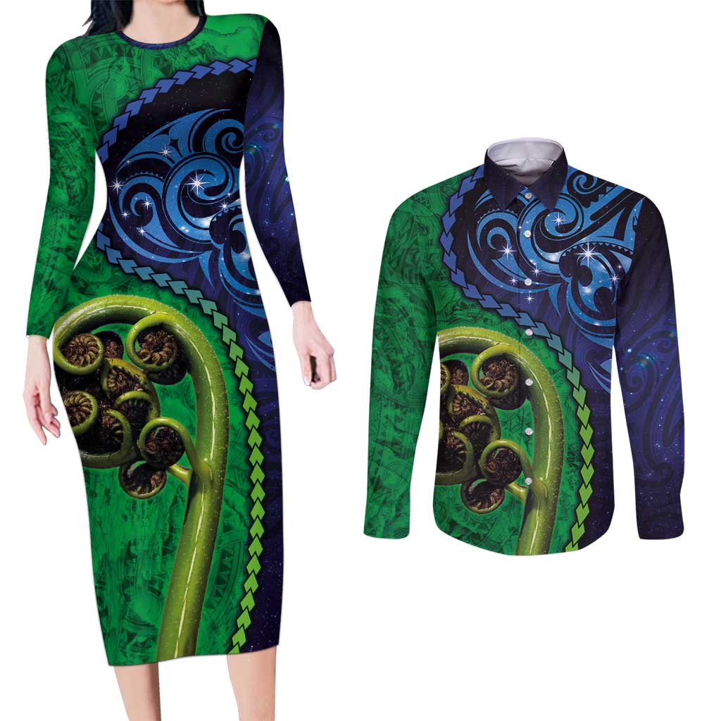 New Zealand Matariki Fern Frond Koru Couples Matching Long Sleeve Bodycon Dress and Long Sleeve Button Shirt with Galaxy Blue Sky and Green Paua Shell Art