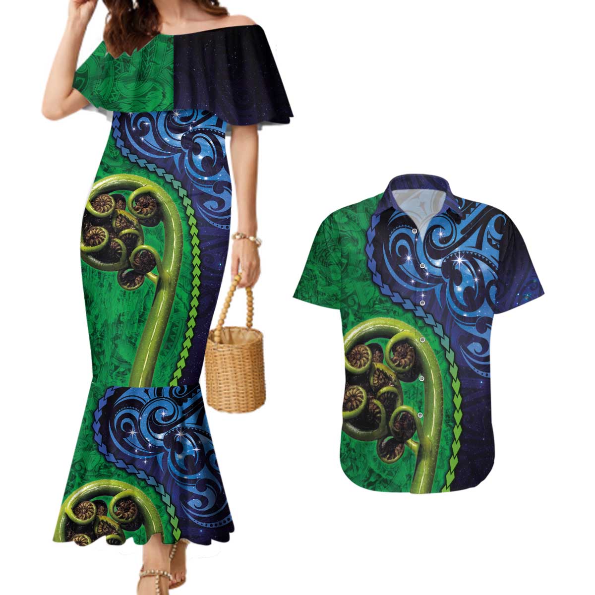 New Zealand Matariki Fern Frond Koru Couples Matching Mermaid Dress and Hawaiian Shirt with Galaxy Blue Sky and Green Paua Shell Art