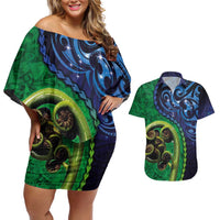 New Zealand Matariki Fern Frond Koru Couples Matching Off Shoulder Short Dress and Hawaiian Shirt with Galaxy Blue Sky and Green Paua Shell Art