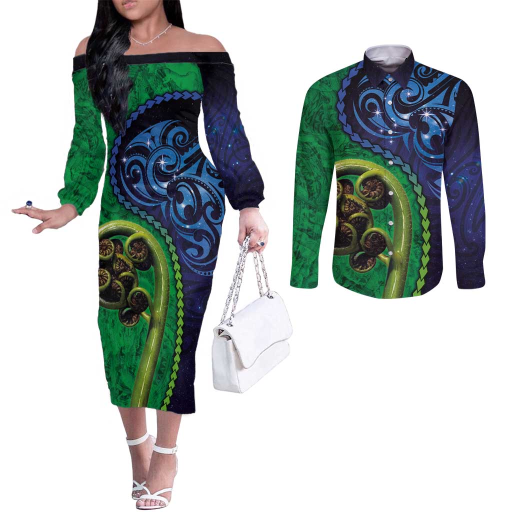 New Zealand Matariki Fern Frond Koru Couples Matching Off The Shoulder Long Sleeve Dress and Long Sleeve Button Shirt with Galaxy Blue Sky and Green Paua Shell Art