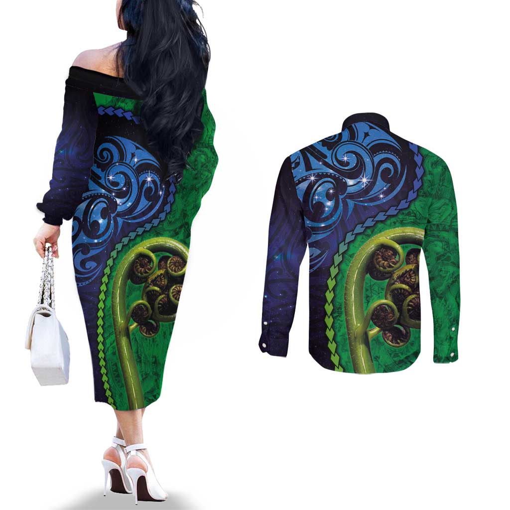 New Zealand Matariki Fern Frond Koru Couples Matching Off The Shoulder Long Sleeve Dress and Long Sleeve Button Shirt with Galaxy Blue Sky and Green Paua Shell Art