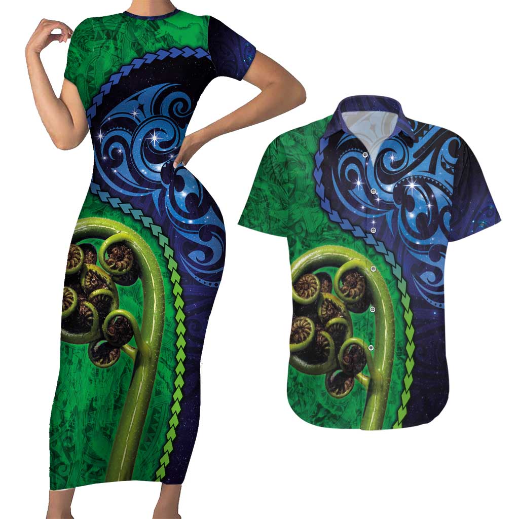 New Zealand Matariki Fern Frond Koru Couples Matching Short Sleeve Bodycon Dress and Hawaiian Shirt with Galaxy Blue Sky and Green Paua Shell Art
