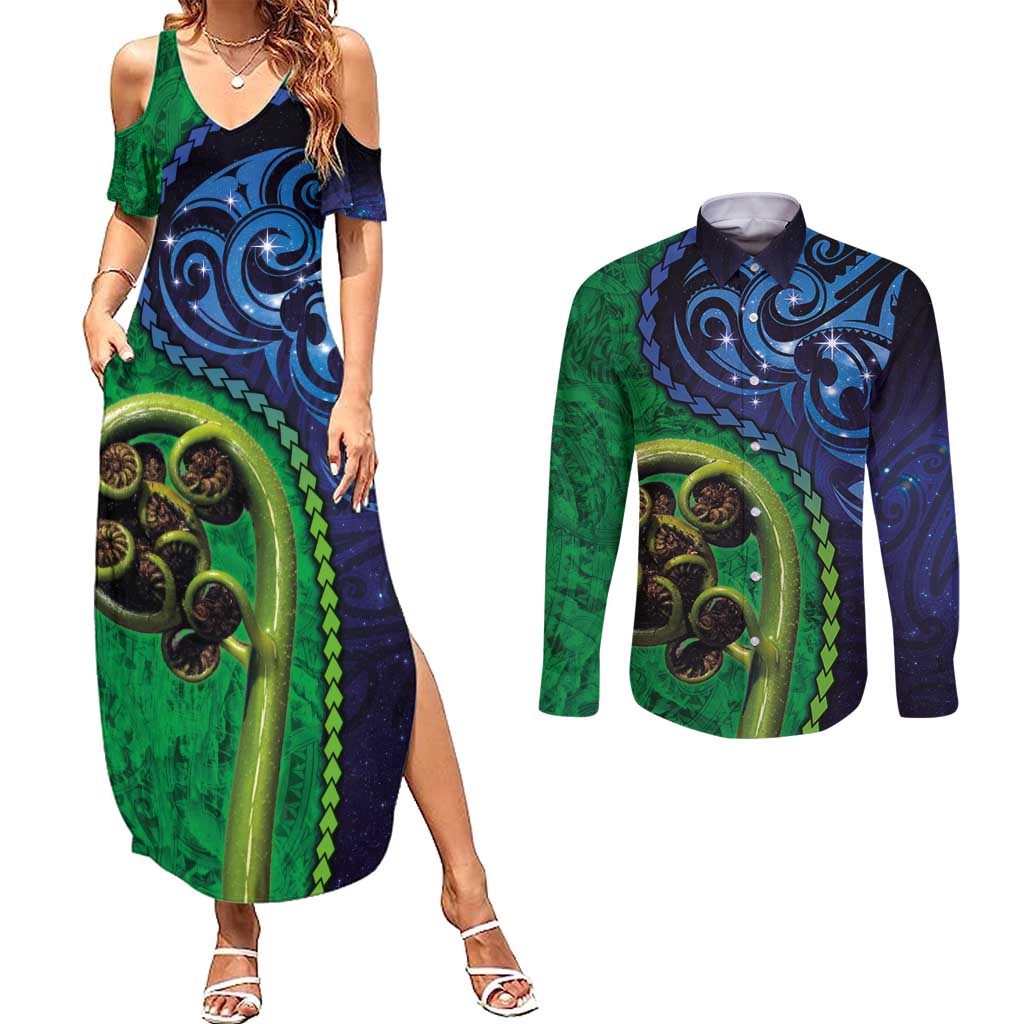 New Zealand Matariki Fern Frond Koru Couples Matching Summer Maxi Dress and Long Sleeve Button Shirt with Galaxy Blue Sky and Green Paua Shell Art