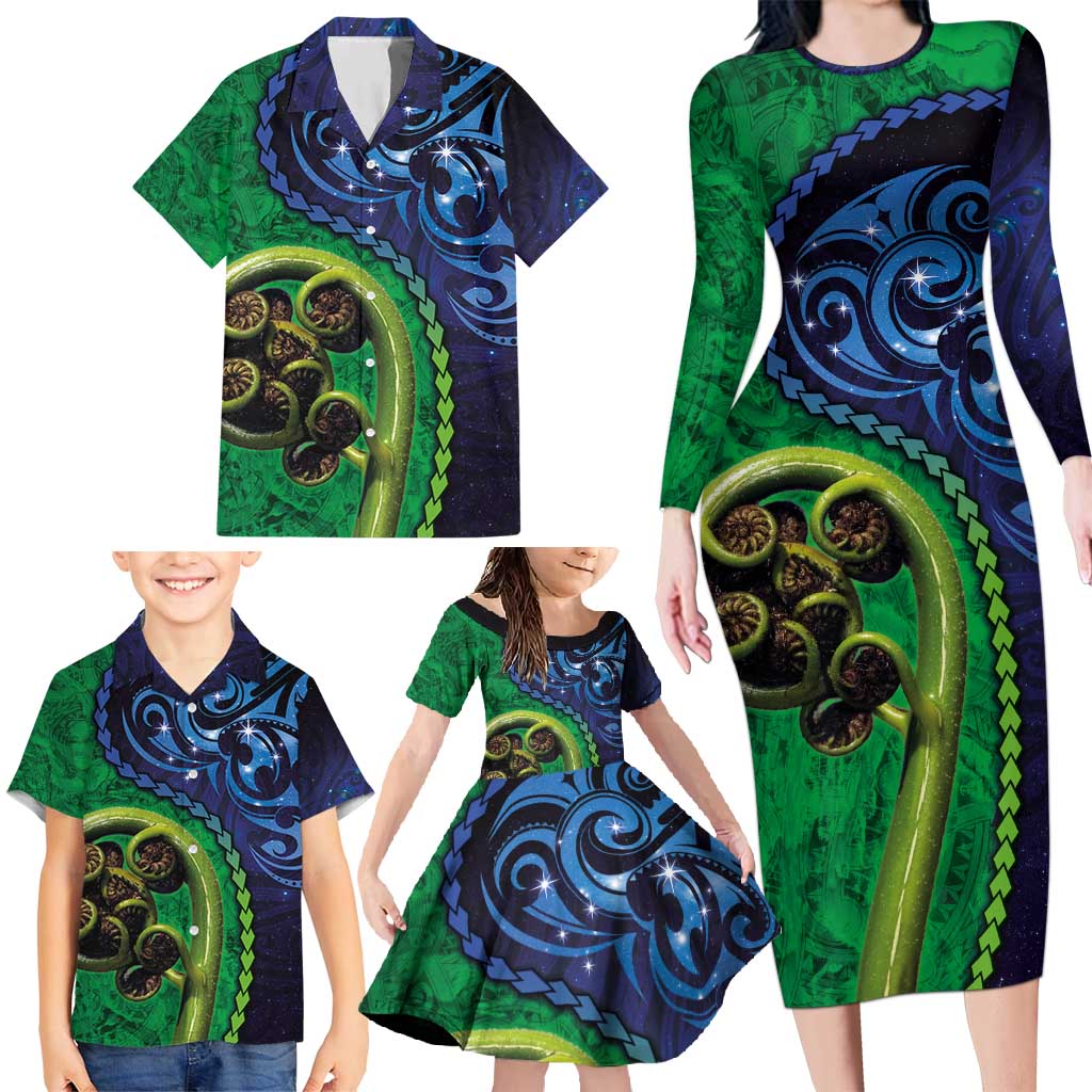 New Zealand Matariki Fern Frond Koru Family Matching Long Sleeve Bodycon Dress and Hawaiian Shirt with Galaxy Blue Sky and Green Paua Shell Art