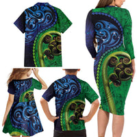 New Zealand Matariki Fern Frond Koru Family Matching Long Sleeve Bodycon Dress and Hawaiian Shirt with Galaxy Blue Sky and Green Paua Shell Art