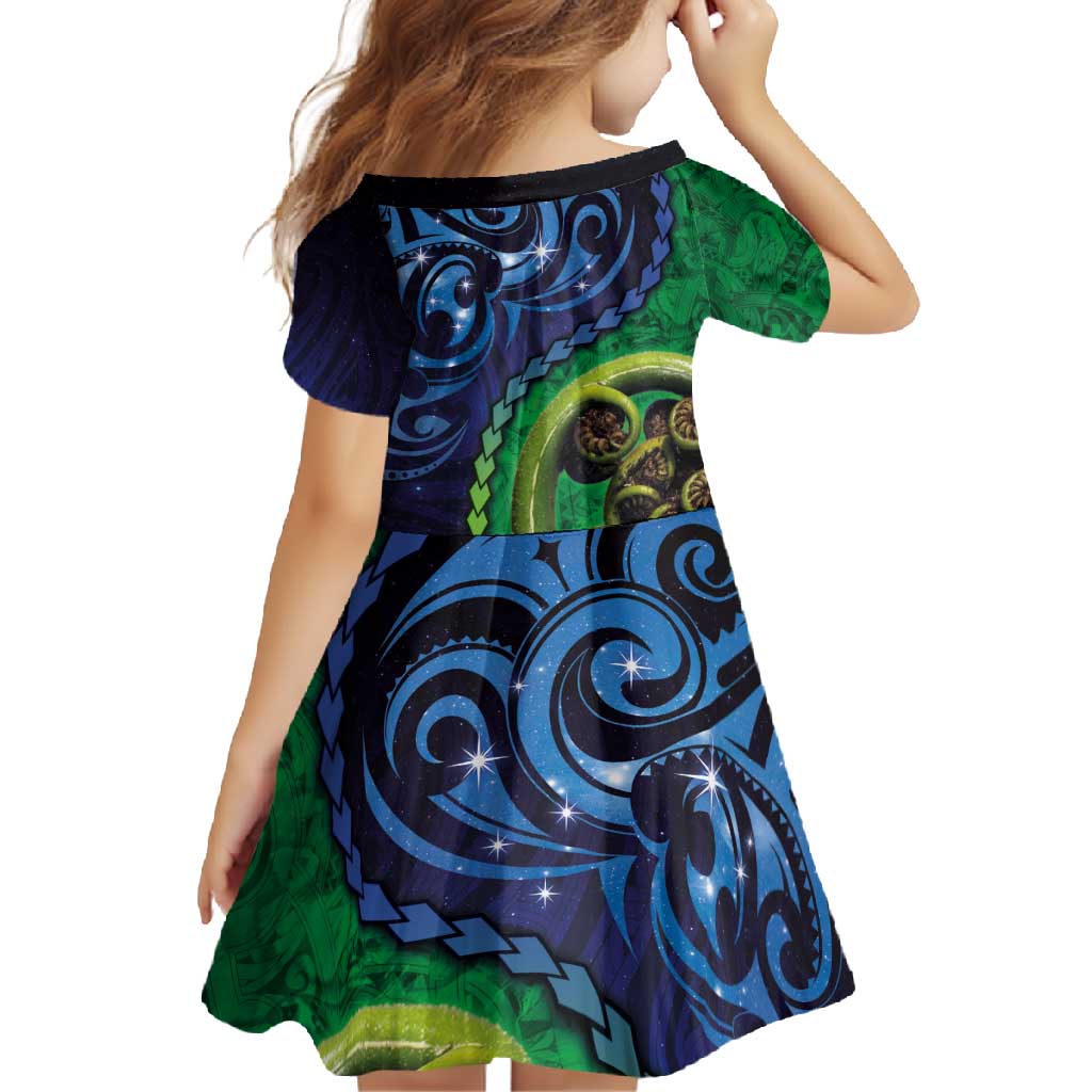 New Zealand Matariki Fern Frond Koru Family Matching Mermaid Dress and Hawaiian Shirt with Galaxy Blue Sky and Green Paua Shell Art