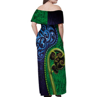 New Zealand Matariki Fern Frond Koru Family Matching Off Shoulder Maxi Dress and Hawaiian Shirt with Galaxy Blue Sky and Green Paua Shell Art