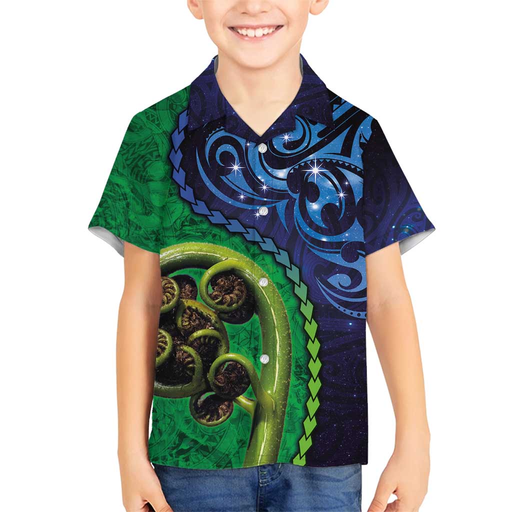 New Zealand Matariki Fern Frond Koru Family Matching Off Shoulder Maxi Dress and Hawaiian Shirt with Galaxy Blue Sky and Green Paua Shell Art