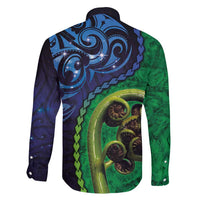 New Zealand Matariki Fern Frond Koru Family Matching Puletasi and Hawaiian Shirt with Galaxy Blue Sky and Green Paua Shell Art