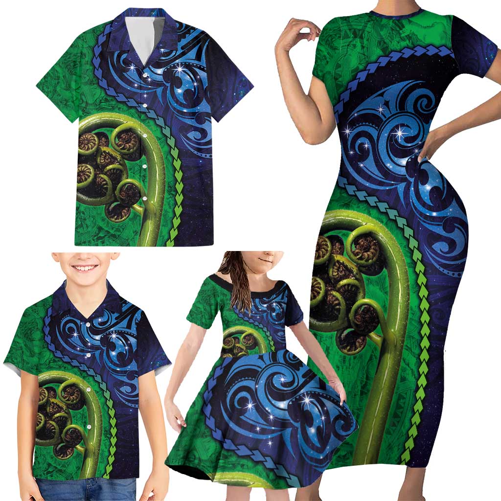 New Zealand Matariki Fern Frond Koru Family Matching Short Sleeve Bodycon Dress and Hawaiian Shirt with Galaxy Blue Sky and Green Paua Shell Art