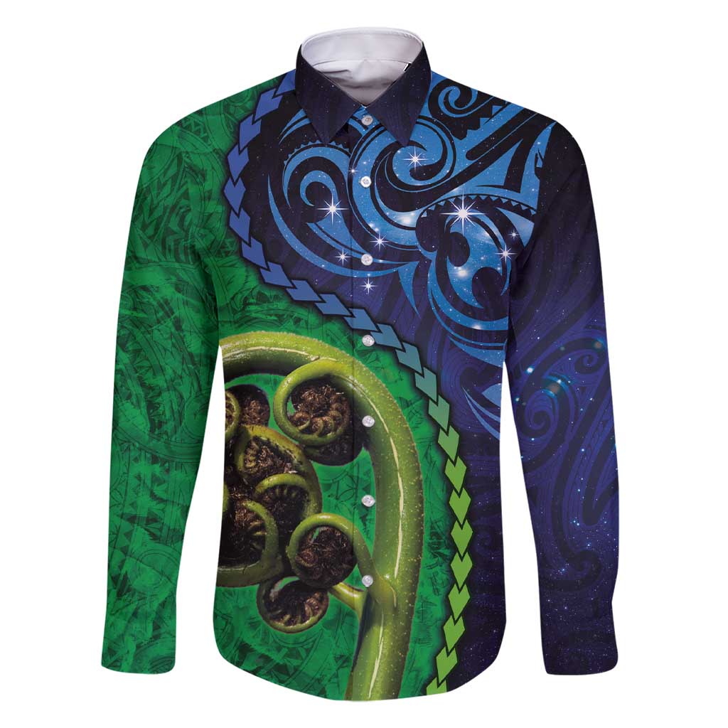 New Zealand Matariki Fern Frond Koru Family Matching Short Sleeve Bodycon Dress and Hawaiian Shirt with Galaxy Blue Sky and Green Paua Shell Art