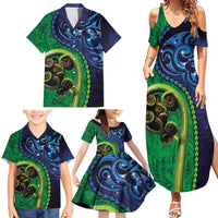 New Zealand Matariki Fern Frond Koru Family Matching Summer Maxi Dress and Hawaiian Shirt with Galaxy Blue Sky and Green Paua Shell Art