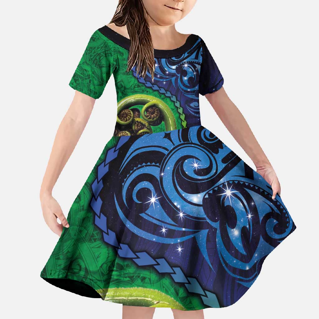 New Zealand Matariki Fern Frond Koru Family Matching Tank Maxi Dress and Hawaiian Shirt with Galaxy Blue Sky and Green Paua Shell Art