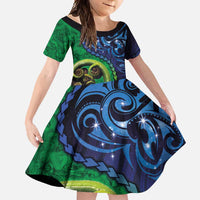 New Zealand Matariki Fern Frond Koru Family Matching Tank Maxi Dress and Hawaiian Shirt with Galaxy Blue Sky and Green Paua Shell Art
