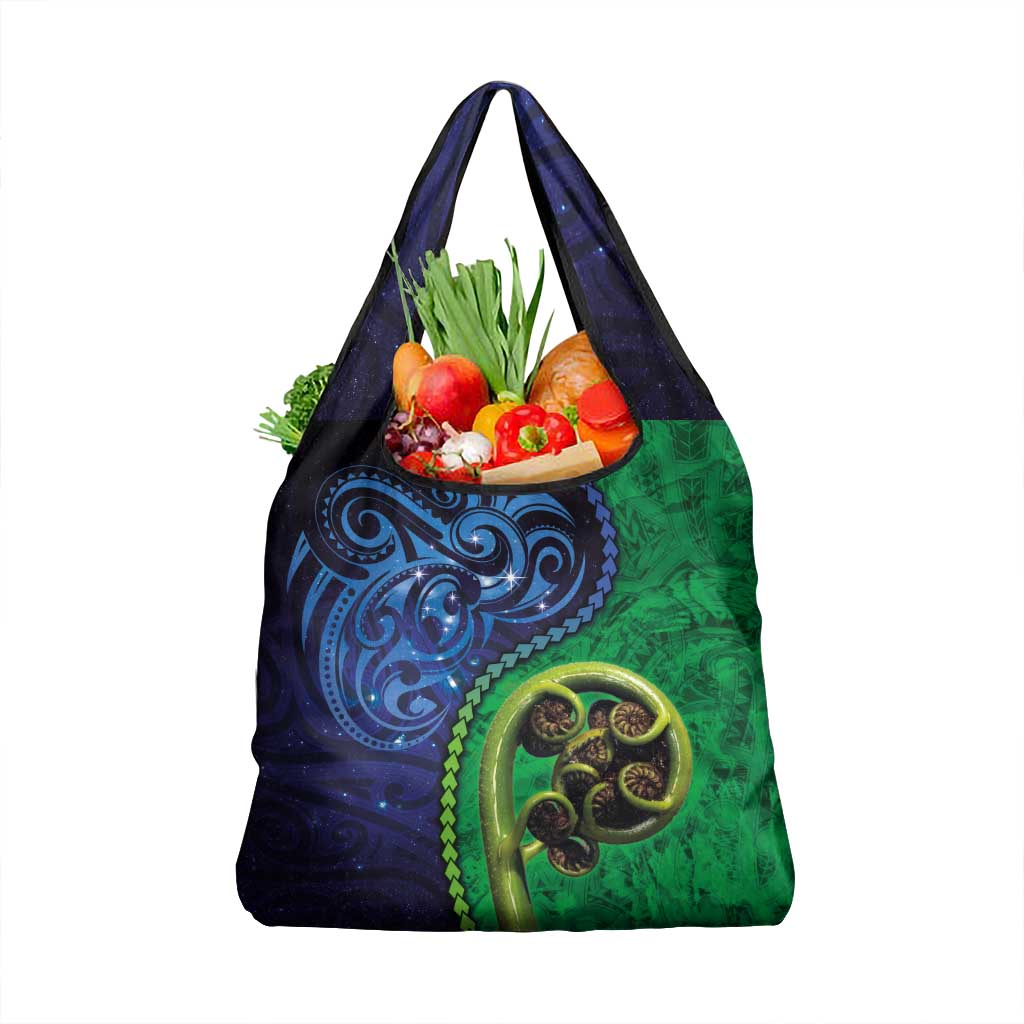 New Zealand Matariki Fern Frond Koru Grocery Bag with Galaxy Blue Sky and Green Paua Shell Art