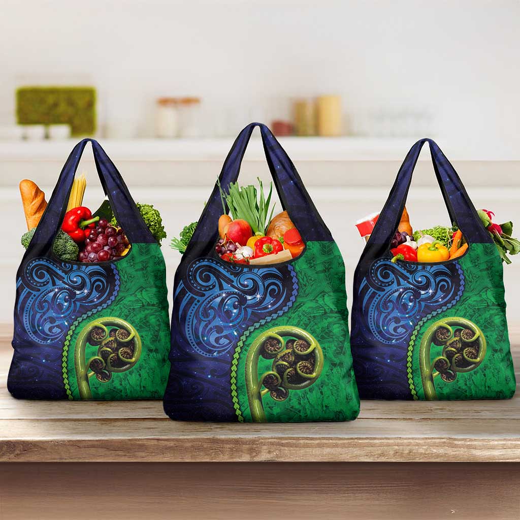 New Zealand Matariki Fern Frond Koru Grocery Bag with Galaxy Blue Sky and Green Paua Shell Art