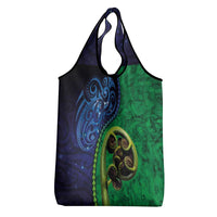 New Zealand Matariki Fern Frond Koru Grocery Bag with Galaxy Blue Sky and Green Paua Shell Art