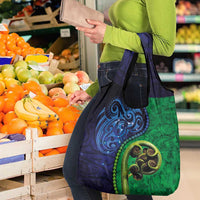 New Zealand Matariki Fern Frond Koru Grocery Bag with Galaxy Blue Sky and Green Paua Shell Art