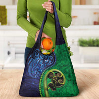 New Zealand Matariki Fern Frond Koru Grocery Bag with Galaxy Blue Sky and Green Paua Shell Art