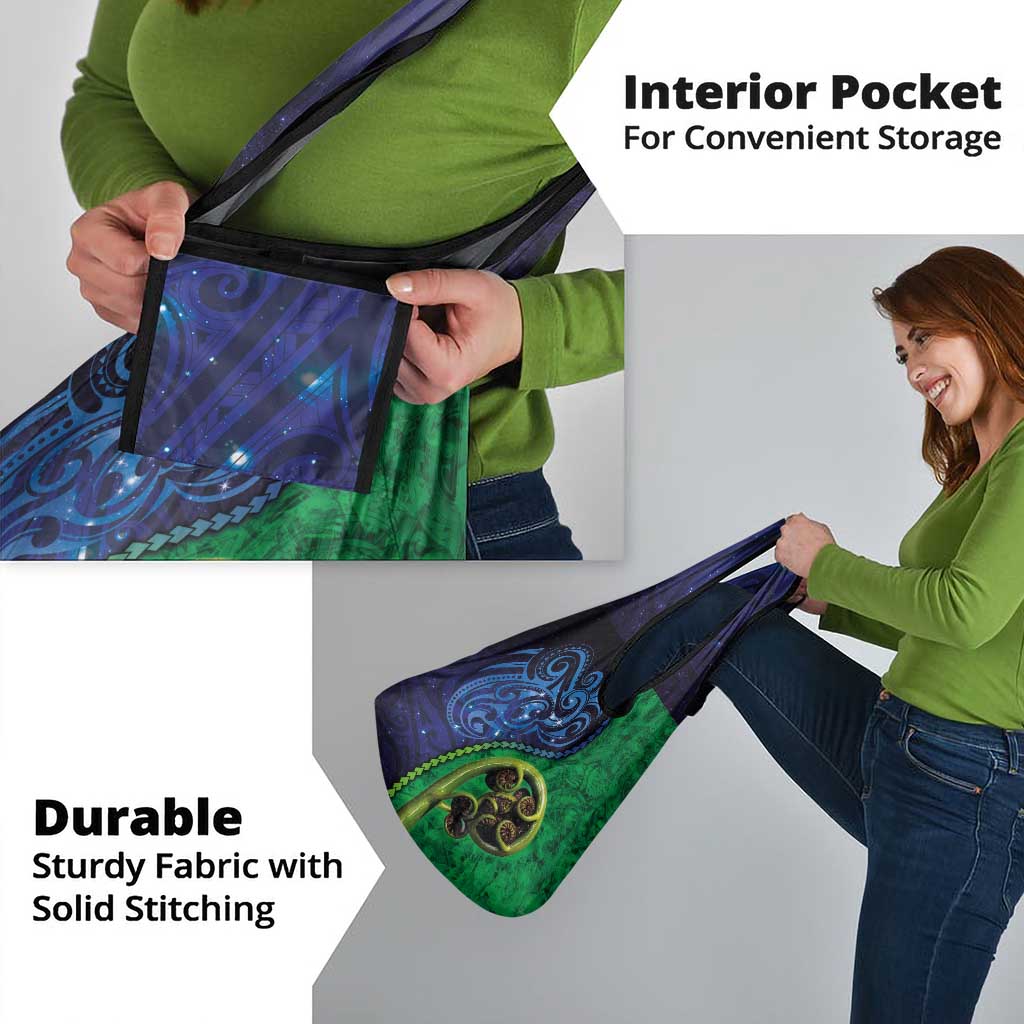 New Zealand Matariki Fern Frond Koru Grocery Bag with Galaxy Blue Sky and Green Paua Shell Art