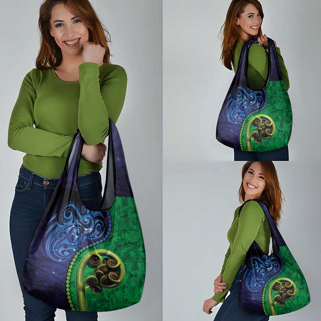 New Zealand Matariki Fern Frond Koru Grocery Bag with Galaxy Blue Sky and Green Paua Shell Art