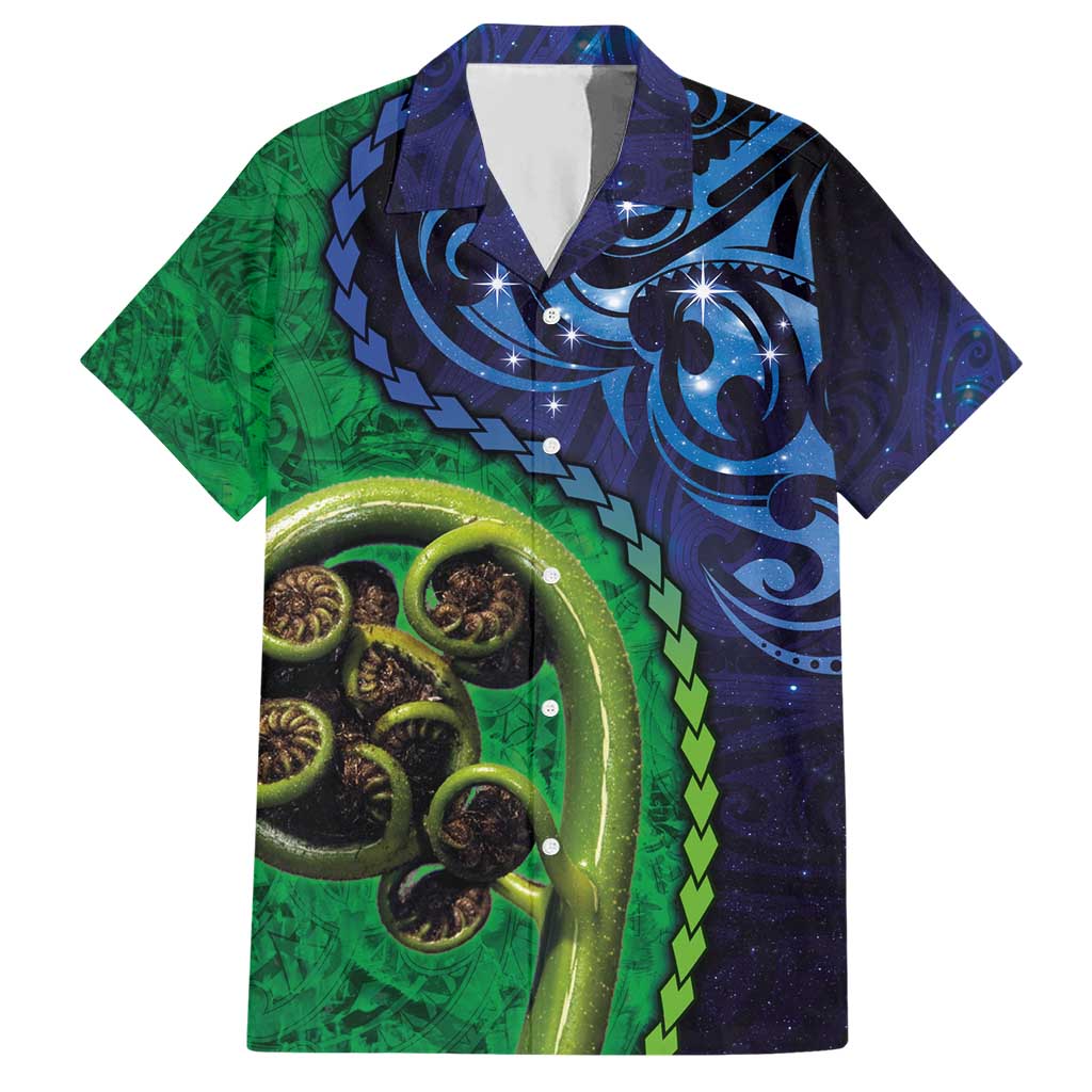 New Zealand Matariki Fern Frond Koru Hawaiian Shirt with Galaxy Blue Sky and Green Paua Shell Art