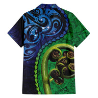 New Zealand Matariki Fern Frond Koru Hawaiian Shirt with Galaxy Blue Sky and Green Paua Shell Art