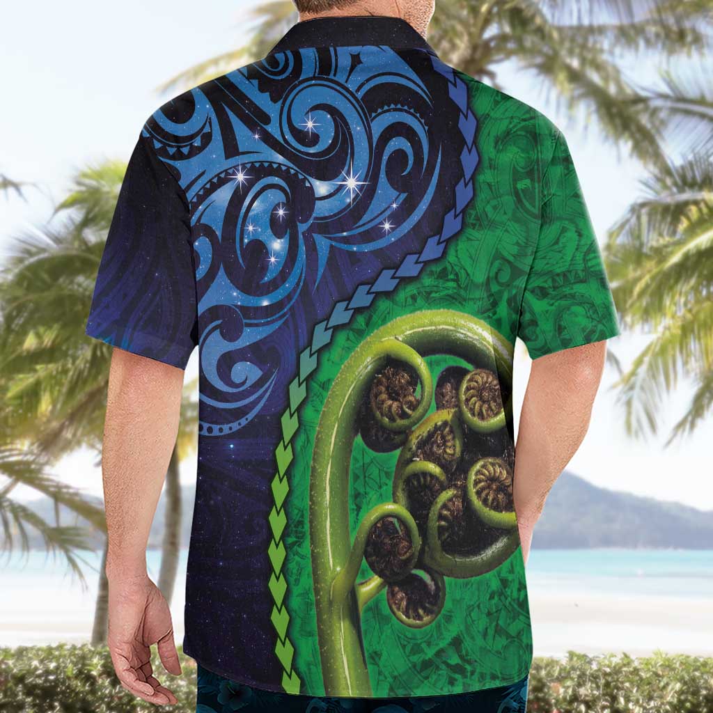 New Zealand Matariki Fern Frond Koru Hawaiian Shirt with Galaxy Blue Sky and Green Paua Shell Art