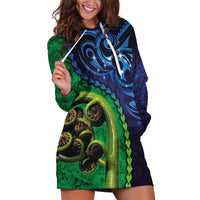 New Zealand Matariki Fern Frond Koru Hoodie Dress with Galaxy Blue Sky and Green Paua Shell Art