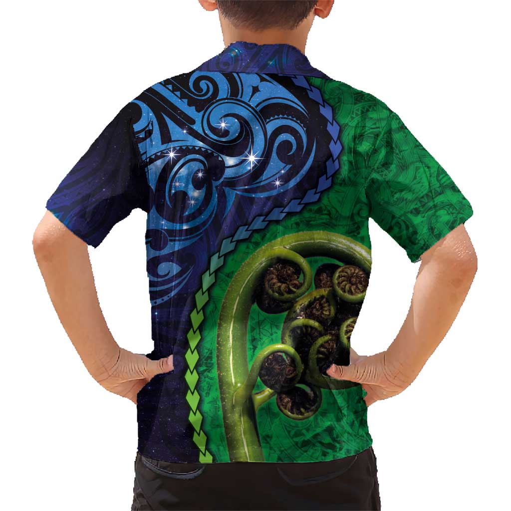 New Zealand Matariki Fern Frond Koru Kid Hawaiian Shirt with Galaxy Blue Sky and Green Paua Shell Art