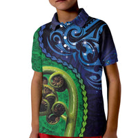 New Zealand Matariki Fern Frond Koru Kid Polo Shirt with Galaxy Blue Sky and Green Paua Shell Art