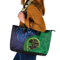 New Zealand Matariki Fern Frond Koru Leather Tote Bag with Galaxy Blue Sky and Green Paua Shell Art