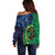 New Zealand Matariki Fern Frond Koru Off Shoulder Sweater with Galaxy Blue Sky and Green Paua Shell Art