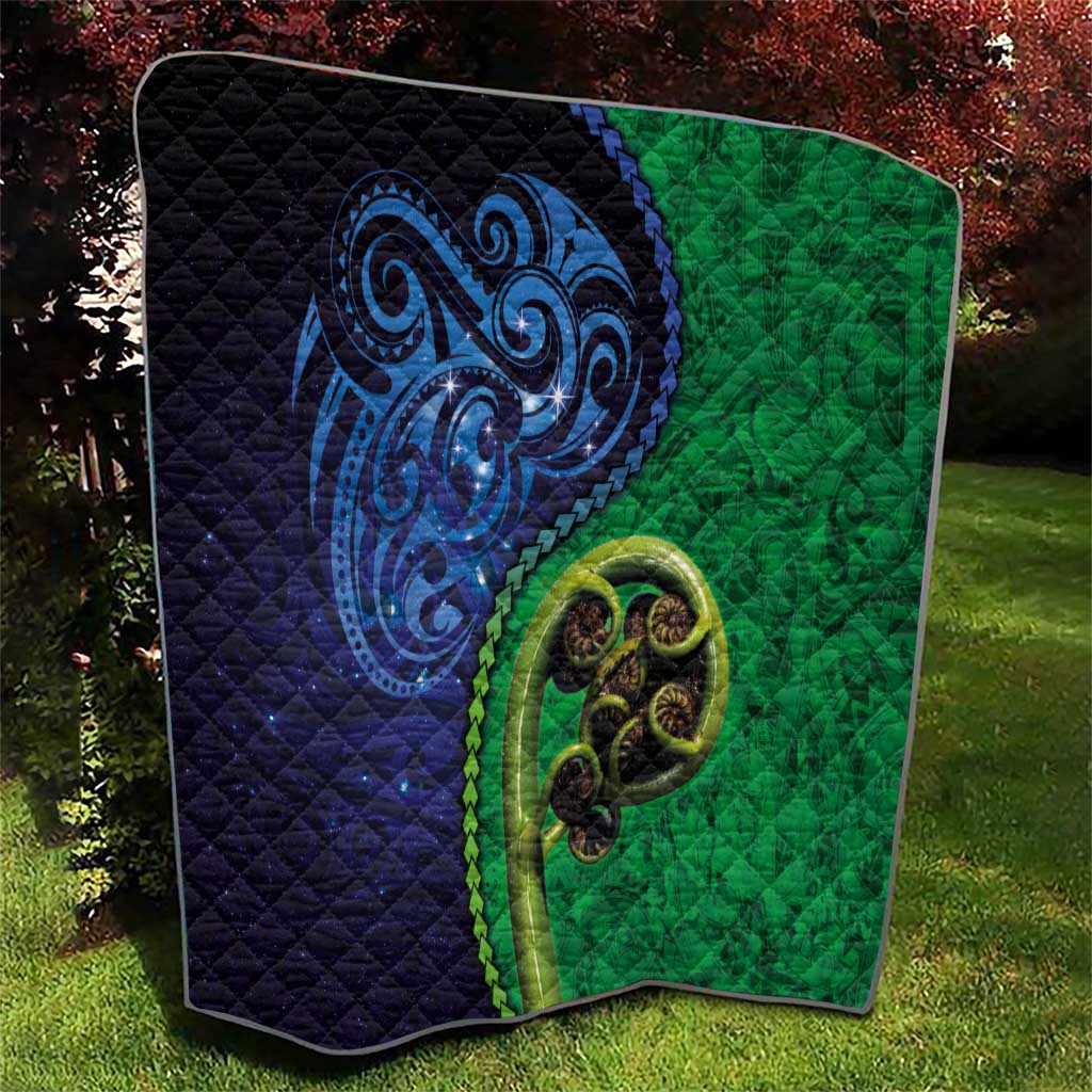 New Zealand Matariki Fern Frond Koru Quilt with Galaxy Blue Sky and Green Paua Shell Art