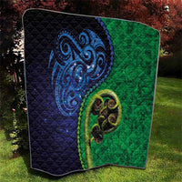 New Zealand Matariki Fern Frond Koru Quilt with Galaxy Blue Sky and Green Paua Shell Art