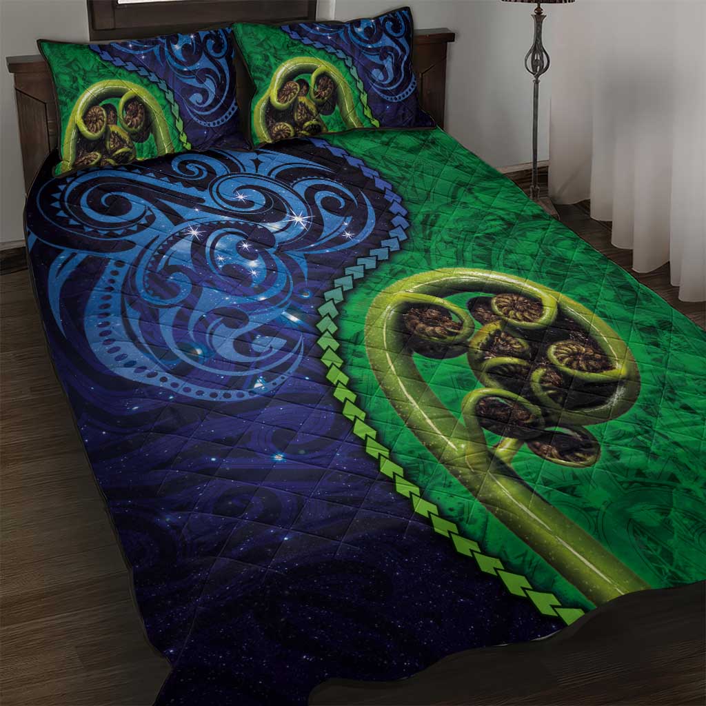 New Zealand Matariki Fern Frond Koru Quilt Bed Set with Galaxy Blue Sky and Green Paua Shell Art