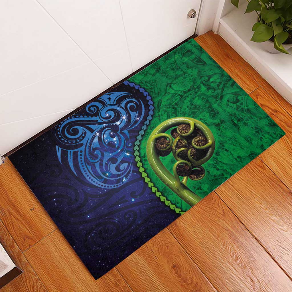 New Zealand Matariki Fern Frond Koru Rubber Doormat with Galaxy Blue Sky and Green Paua Shell Art