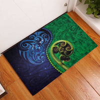 New Zealand Matariki Fern Frond Koru Rubber Doormat with Galaxy Blue Sky and Green Paua Shell Art