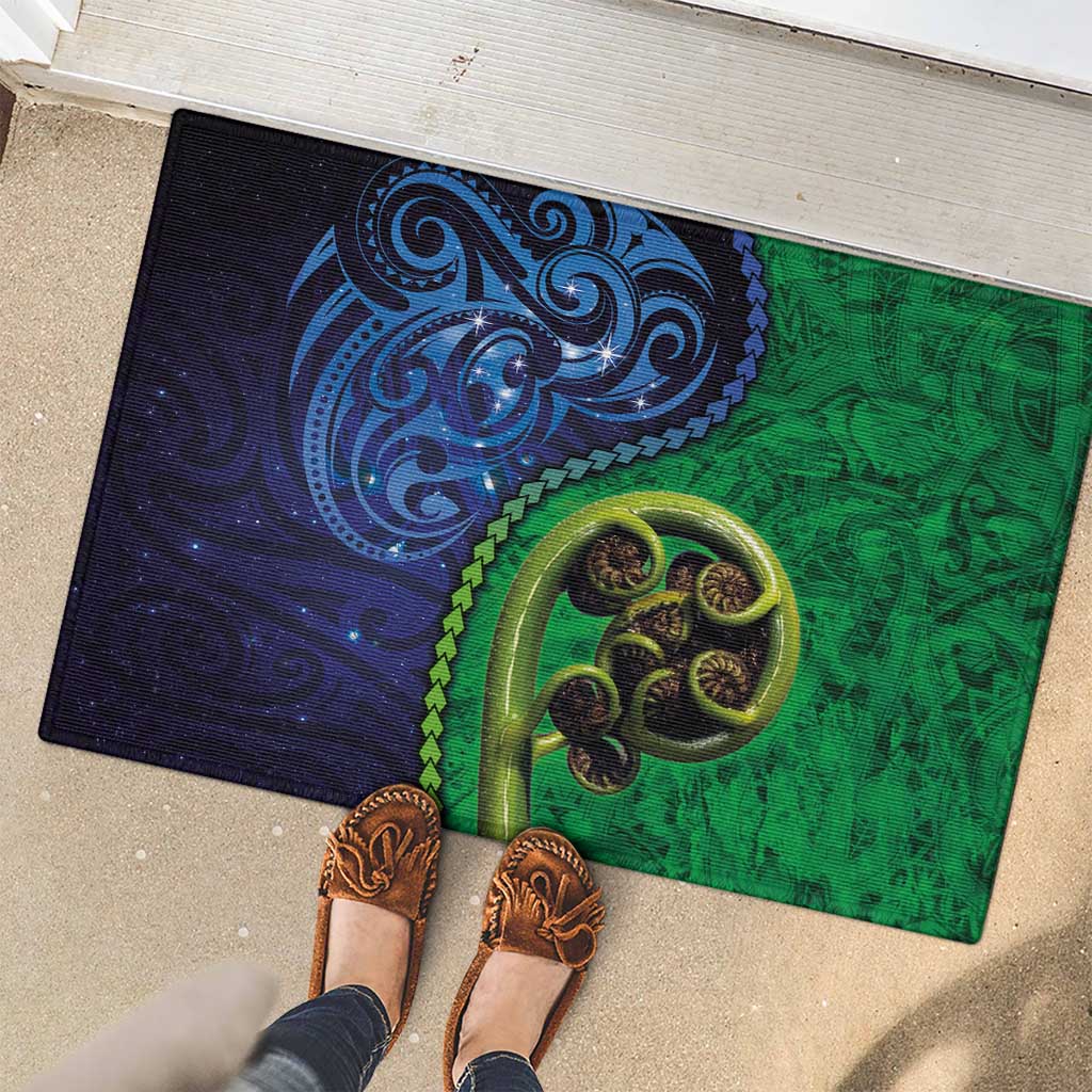 New Zealand Matariki Fern Frond Koru Rubber Doormat with Galaxy Blue Sky and Green Paua Shell Art