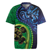 New Zealand Matariki Fern Frond Koru Rugby Jersey with Galaxy Blue Sky and Green Paua Shell Art