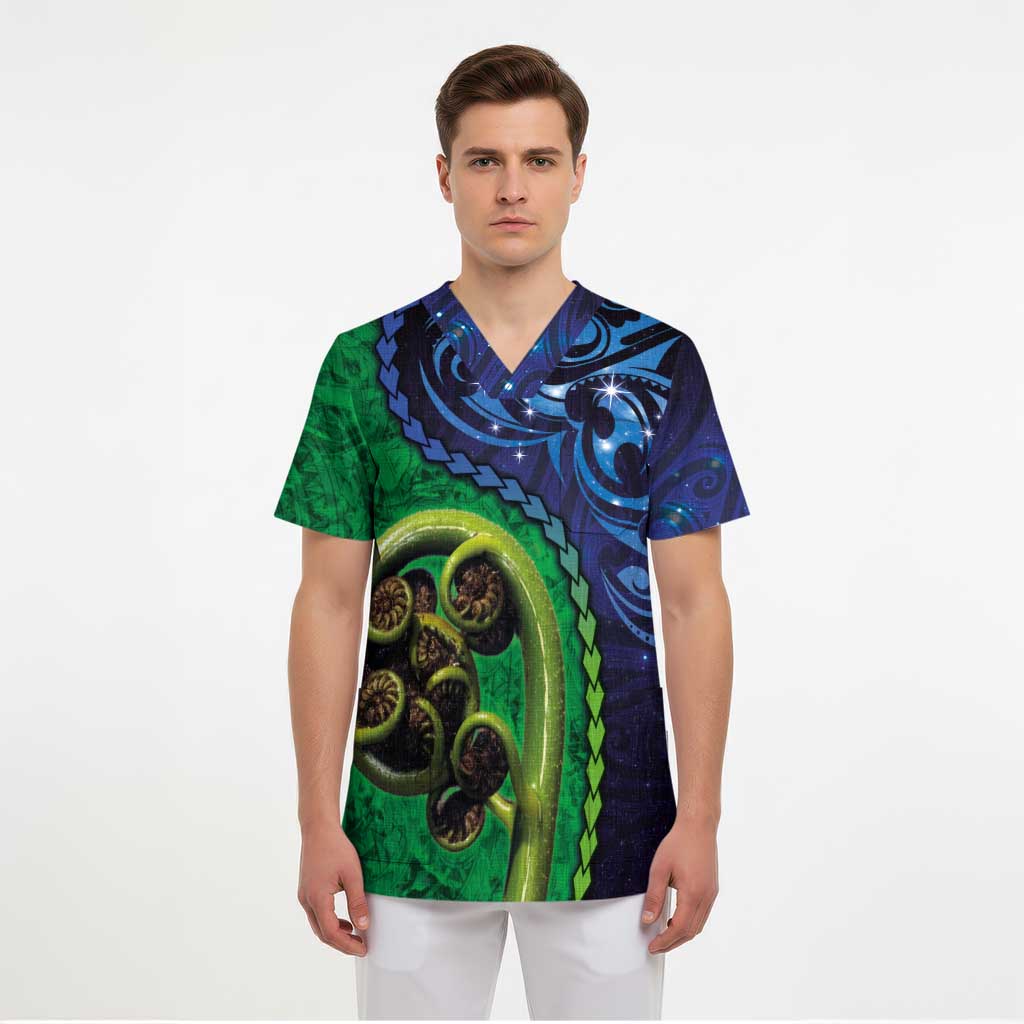 New Zealand Matariki Fern Frond Koru Scrub Top with Galaxy Blue Sky and Green Paua Shell Art - Polynesian Pride