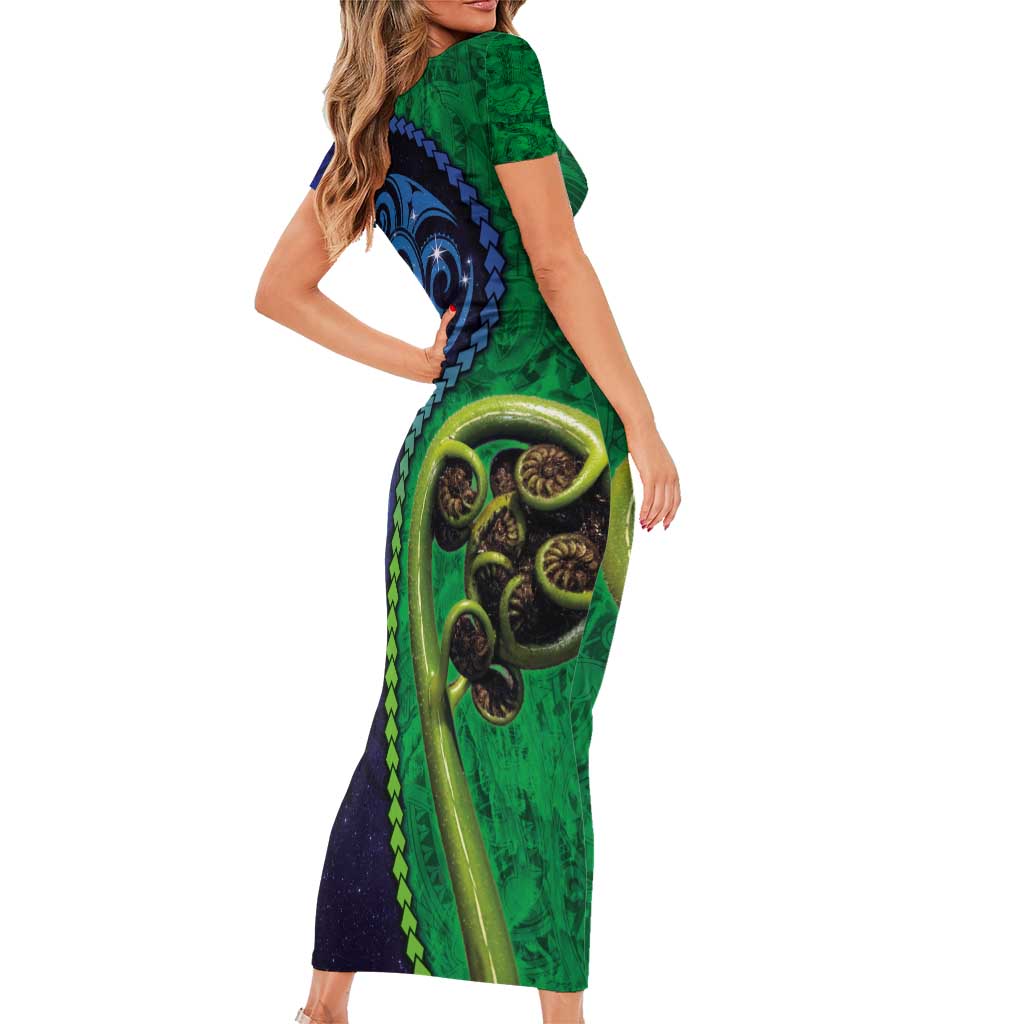 New Zealand Matariki Fern Frond Koru Short Sleeve Bodycon Dress with Galaxy Blue Sky and Green Paua Shell Art