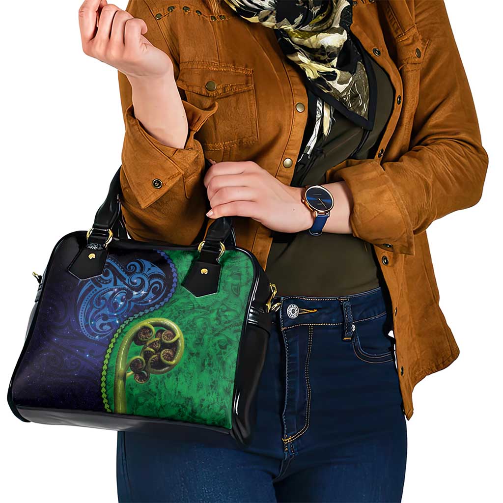New Zealand Matariki Fern Frond Koru Shoulder Handbag with Galaxy Blue Sky and Green Paua Shell Art