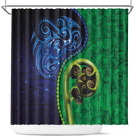 New Zealand Matariki Fern Frond Koru Shower Curtain with Galaxy Blue Sky and Green Paua Shell Art