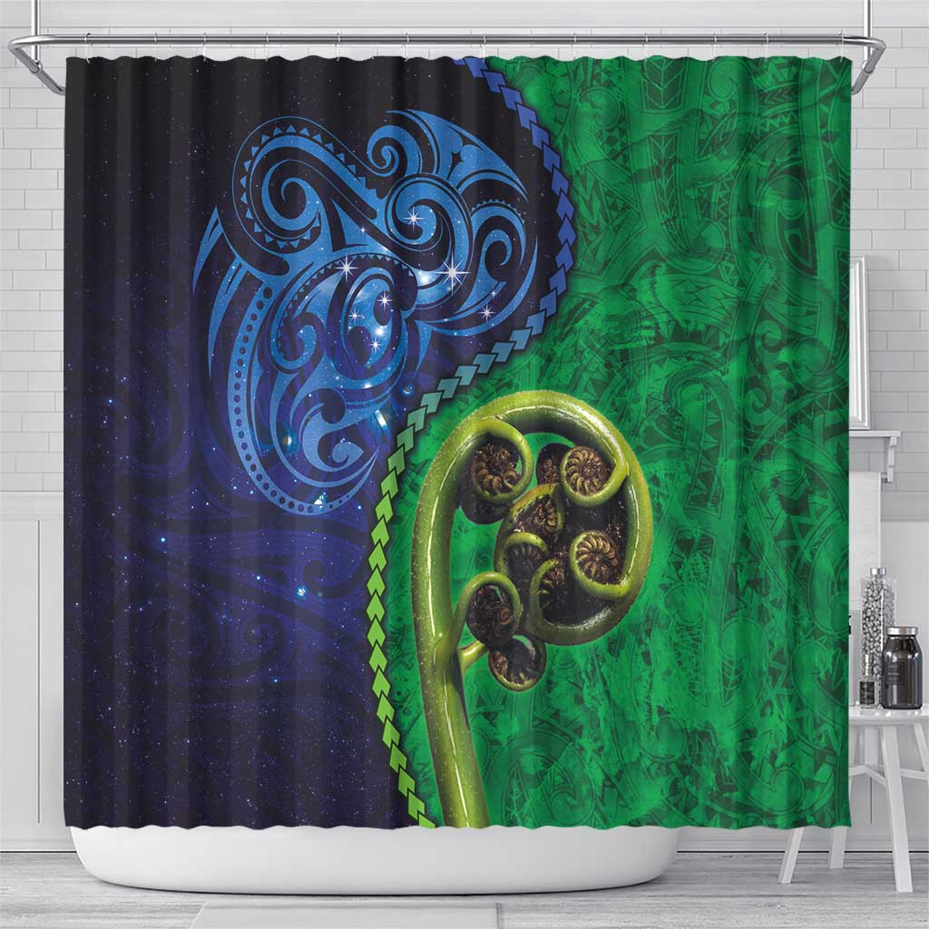 New Zealand Matariki Fern Frond Koru Shower Curtain with Galaxy Blue Sky and Green Paua Shell Art