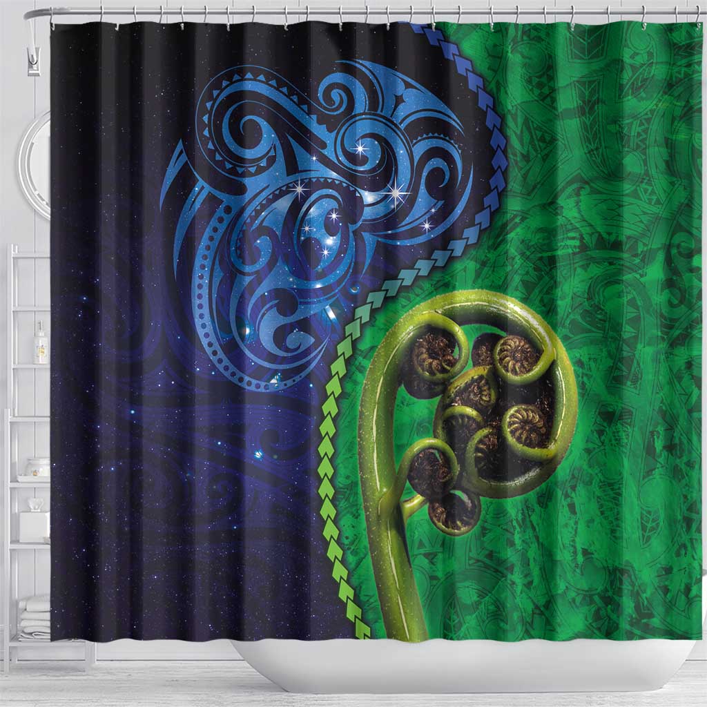 New Zealand Matariki Fern Frond Koru Shower Curtain with Galaxy Blue Sky and Green Paua Shell Art