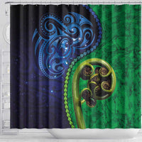 New Zealand Matariki Fern Frond Koru Shower Curtain with Galaxy Blue Sky and Green Paua Shell Art