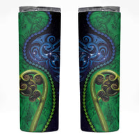 New Zealand Matariki Fern Frond Koru Skinny Tumbler with Galaxy Blue Sky and Green Paua Shell Art